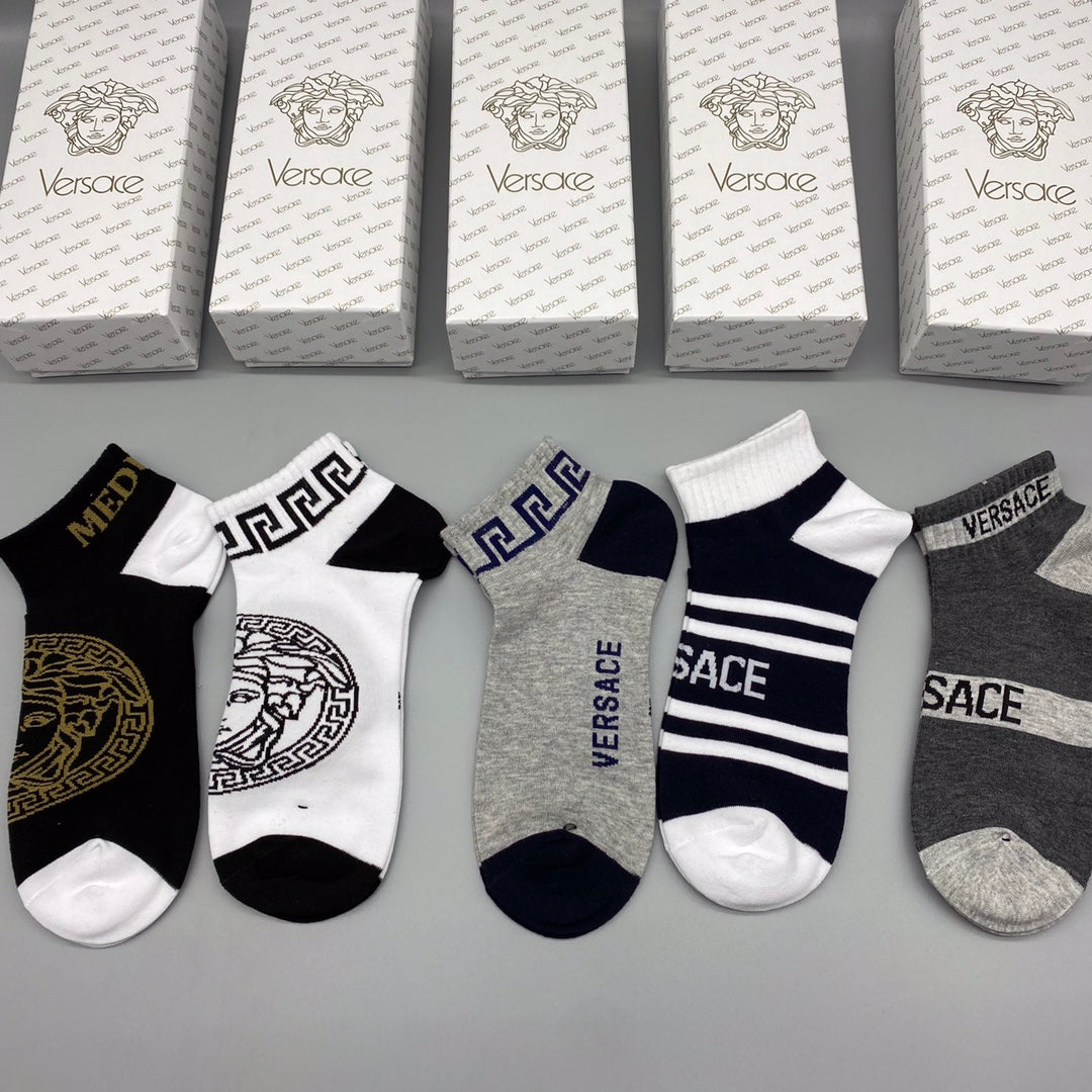 Versace Bold Medallion And Letter Graphics Ankle Socks - 5-Pair Set