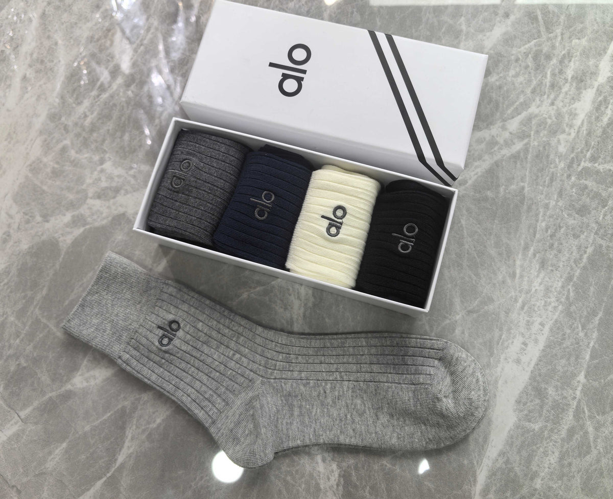 Alo Cotton Mixed Neutral Logo Detail Crew Socks - 5-Pair Set