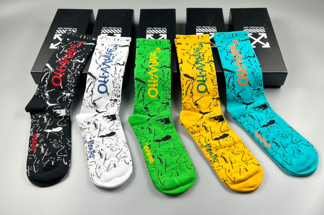 Off-White Cotton Visible Logo, Stripe Or Motif Details Crew Socks - 5-Pair Set
