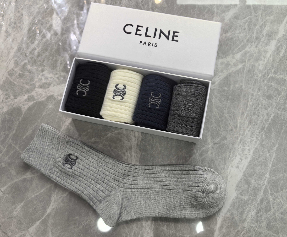 Celine Cotton Mixed Neutral Logo Detail Crew Socks - 5-Pair Set