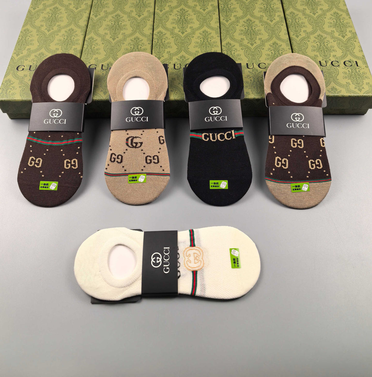 Gucci Cotton Visible Logo, Stripe Or Motif Details No-Show Socks - 5-Pair Set
