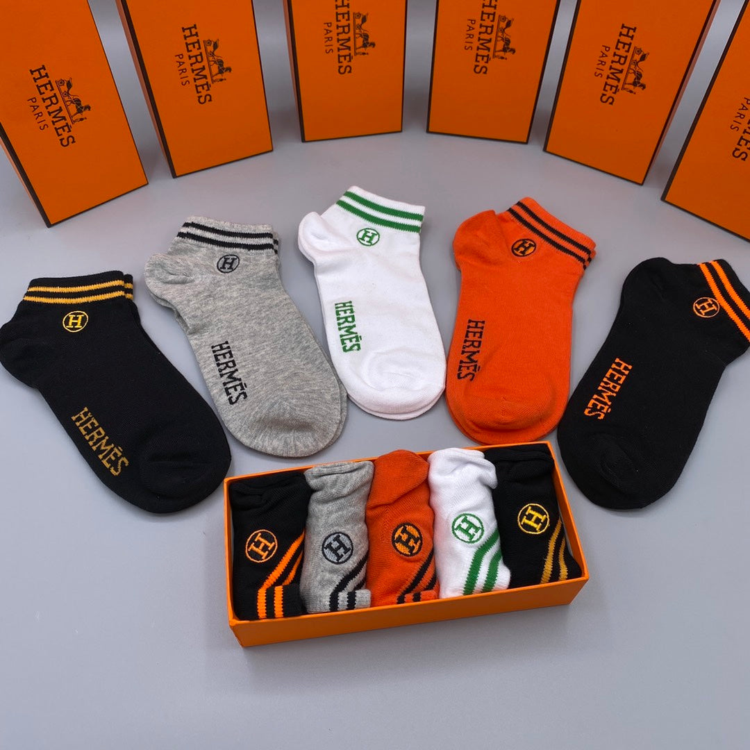 Hermes Heritage Logo Ankle Socks - Box of 5 Pairs