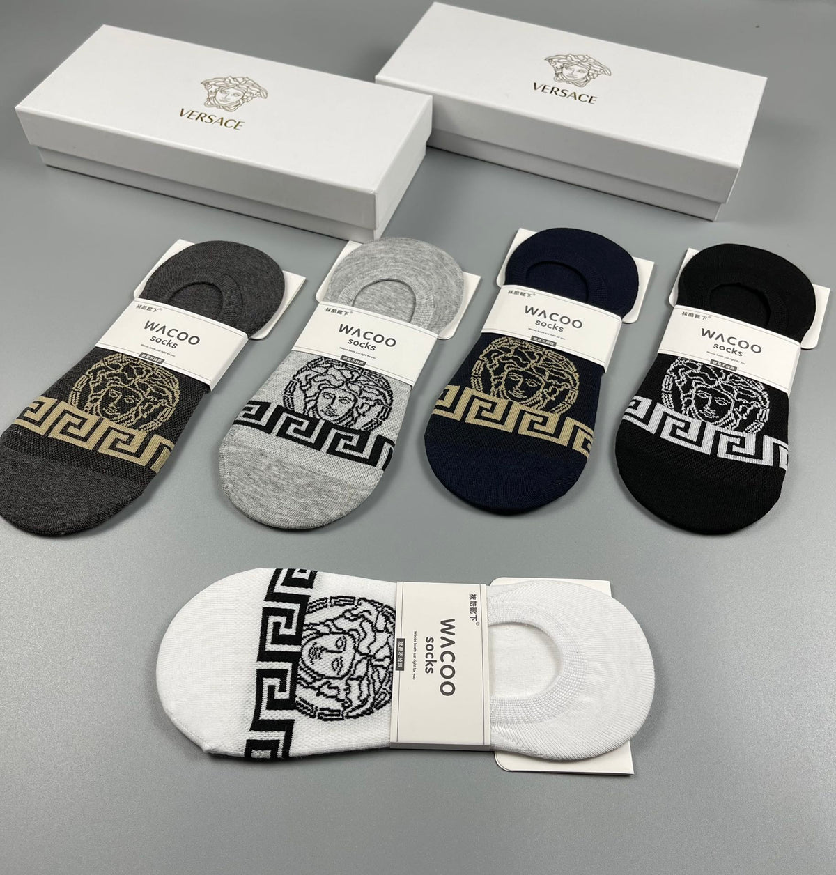 Versace Cotton Visible Logo, Stripe Or Motif Details Crew Socks - 5-Pair Set