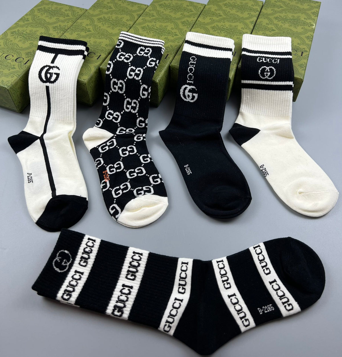 Gucci Cotton Mixed Monogram-Style Patterns And Wordmarks Crew Socks - 5-Pair Set