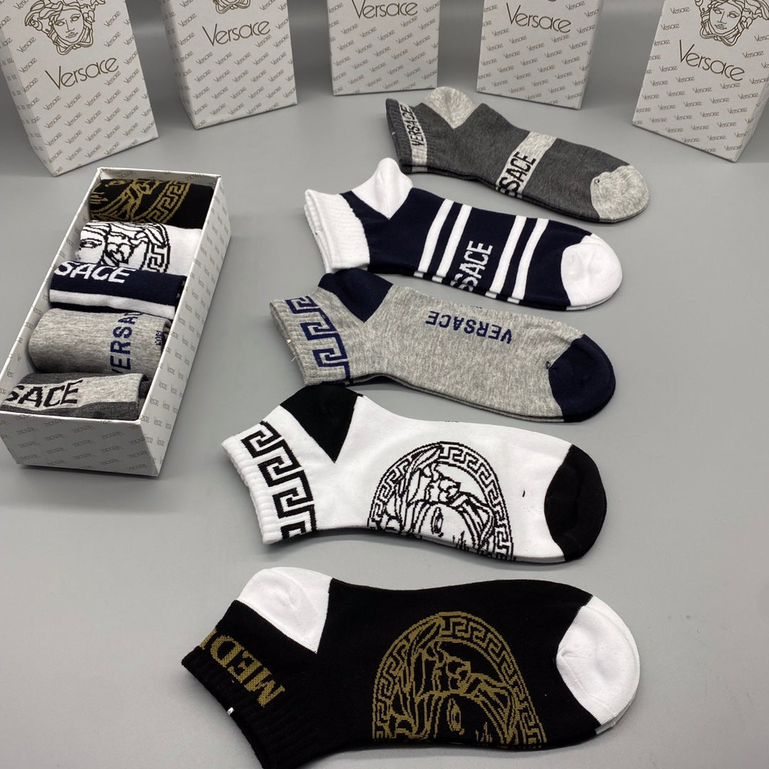 Versace Bold Medallion And Letter Graphics Ankle Socks - 5-Pair Set