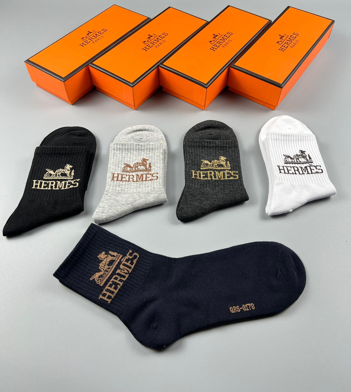 Hermes Crest Logo Crew Socks - 5-Pair Box