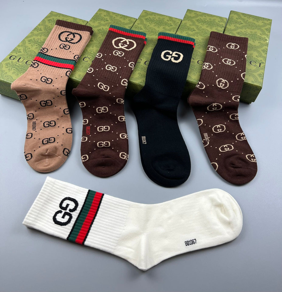 Gucci Cotton Monogram-Style And Stripe Details Crew Socks - 5-Pair Set