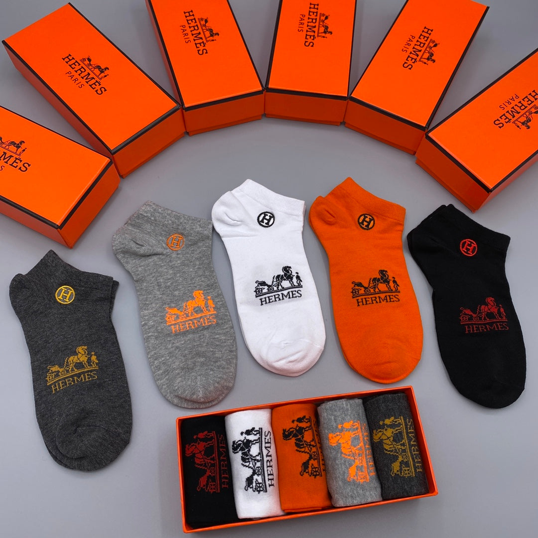 Hermes Logo No-Show Ankle Socks - 5-Pair Box