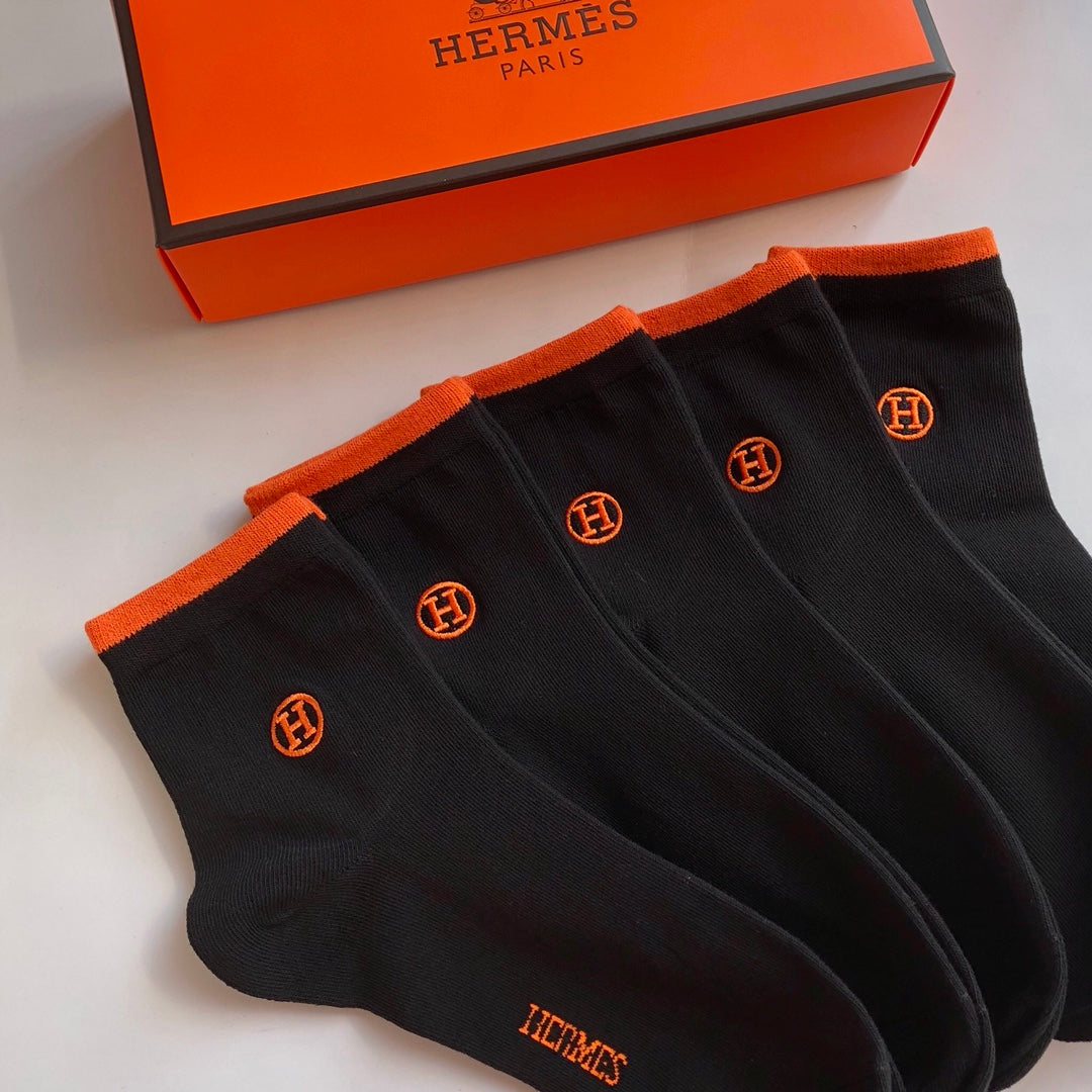 Hermes Orange Accent Mid-Calf Socks - 5-Pair Box