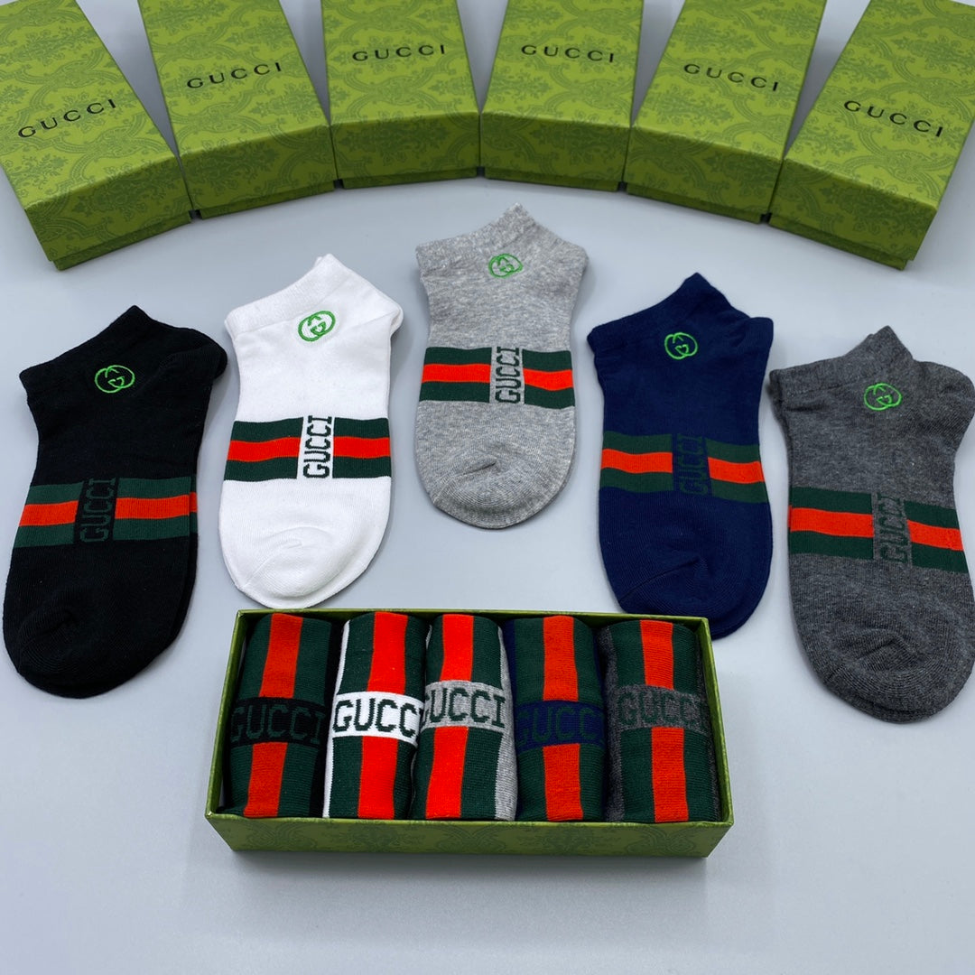 Gucci Red-And-Green Stripe Panels Ankle Socks - 5-Pair Set