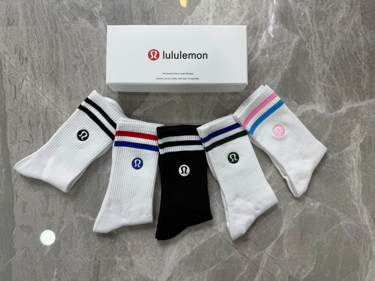 Lululemon Stripe Accents And Small Round Emblems Crew Socks - 5-Pair Set