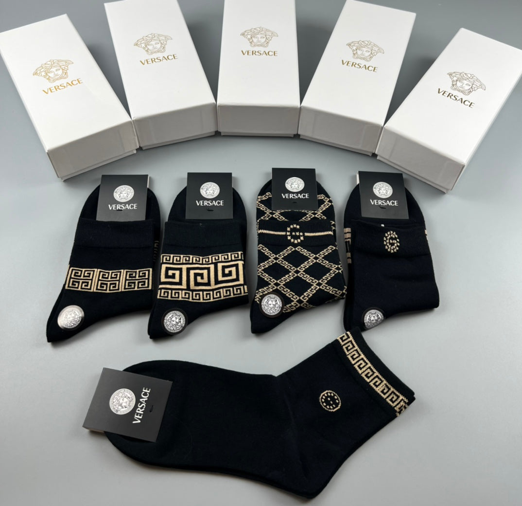 Versace Cotton blend Mixed Gold-Tone Greek-Key And Medallion Graphics Crew Socks - 5-Pair Set