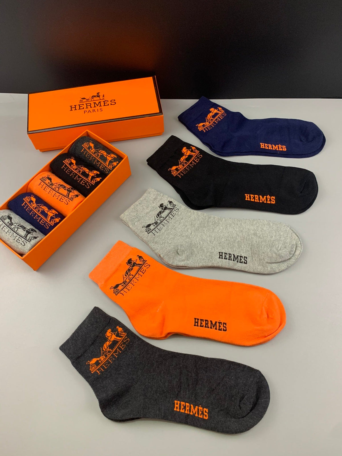 Hermes Cotton Small Embroidered Logo Details Crew Socks - 5-Pair Set