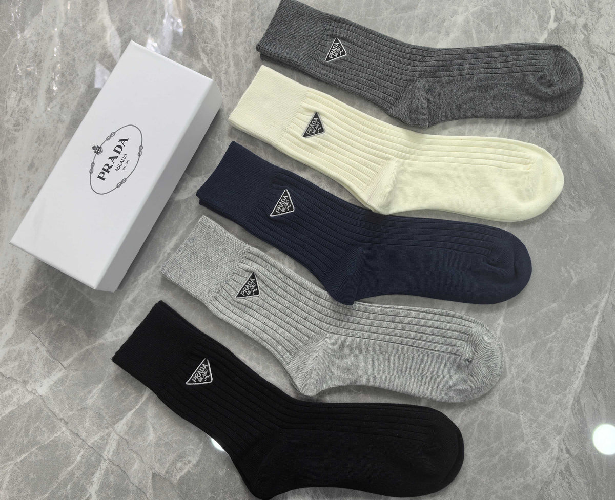 Prada Cotton Mixed Neutral Logo Detail Crew Socks - 5-Pair Set