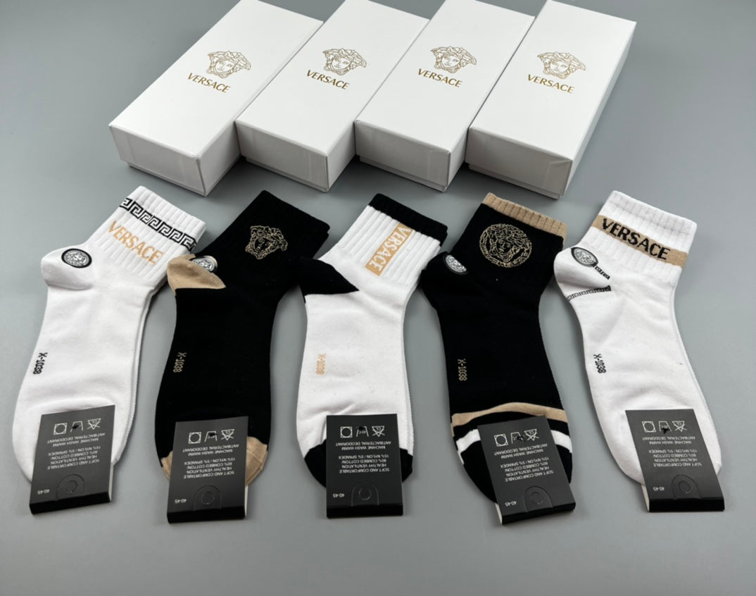 Versace Cotton blend Mixed Greek-Key And Medallion Details Ankle Socks - 5-Pair Set