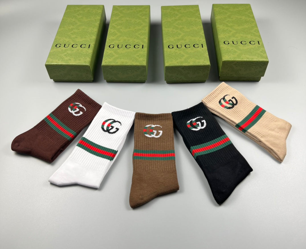 Gucci Cotton Blue, Green & White Tonal Waistbands Crew Socks - 5-Pair Set