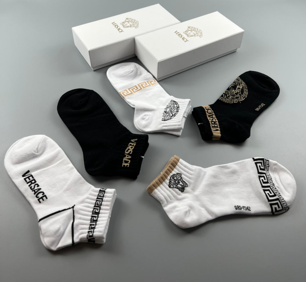Versace Cotton blend Gold Medallion And Greek-Key Details Ankle Socks - 5-Pair Set