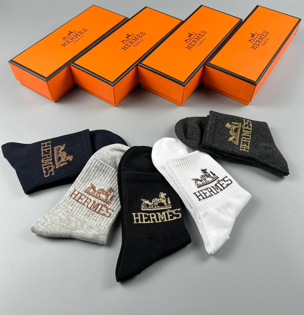 Hermes Cotton Varied Horse And Wordmark Details Crew Socks - 5-Pair Set