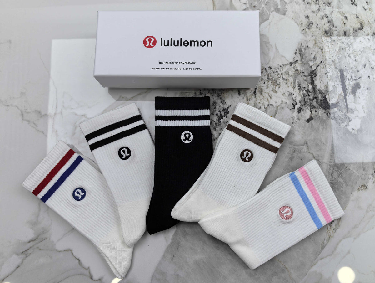 Lululemon Stripe Accents And Small Round Emblems Crew Socks - 5-Pair Set