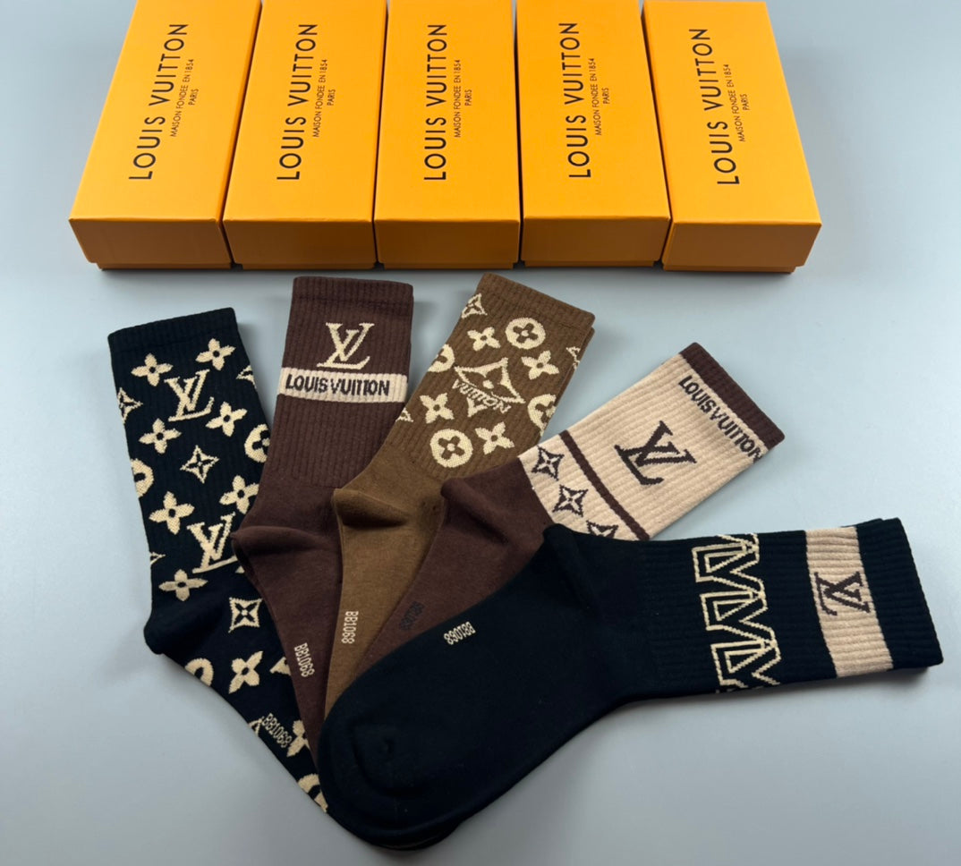 Louis Vuitton Cotton Varied Monogram-Style Motifs Crew Socks - 5-Pair Set