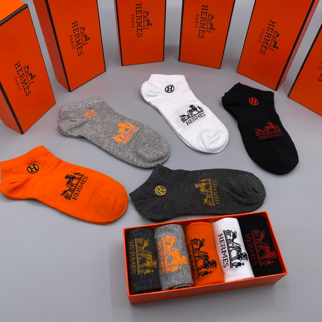 Hermes Horse And Wordmark Details No-Show Socks - 5-Pair Set
