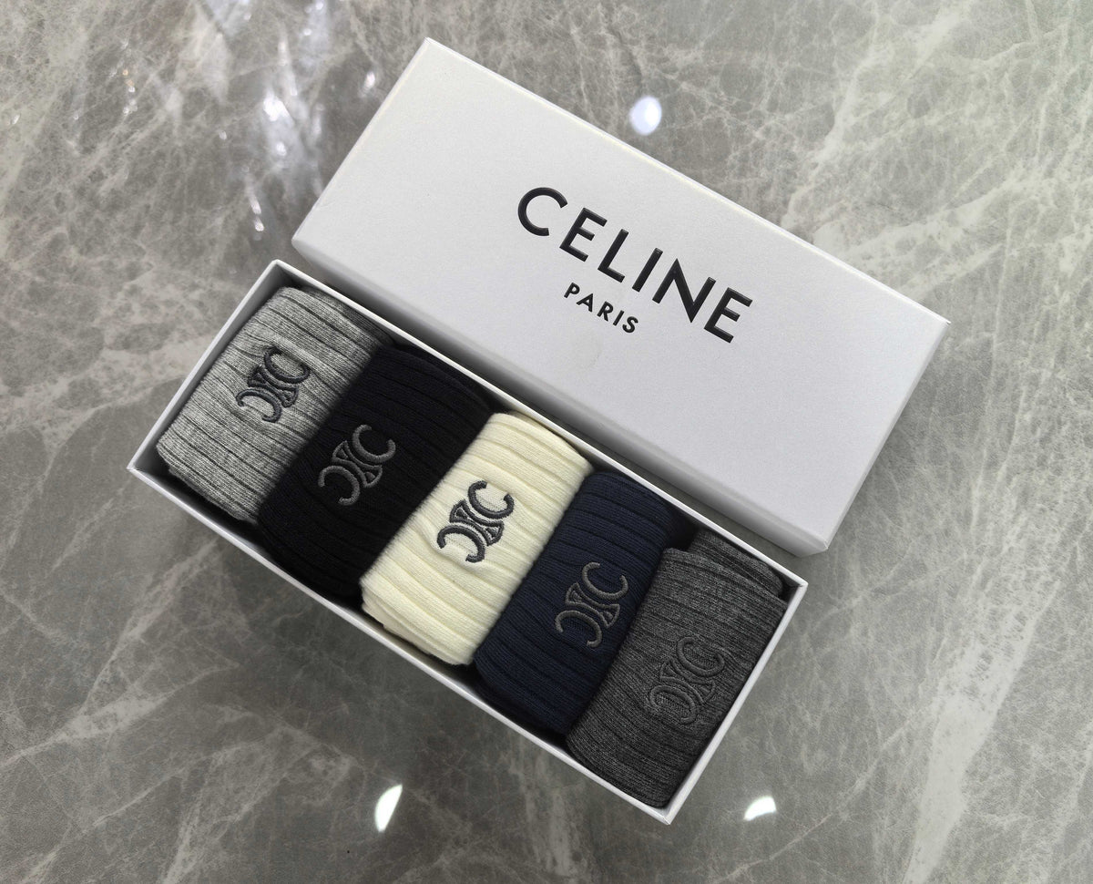 Celine Cotton Mixed Neutral Logo Detail Crew Socks - 5-Pair Set