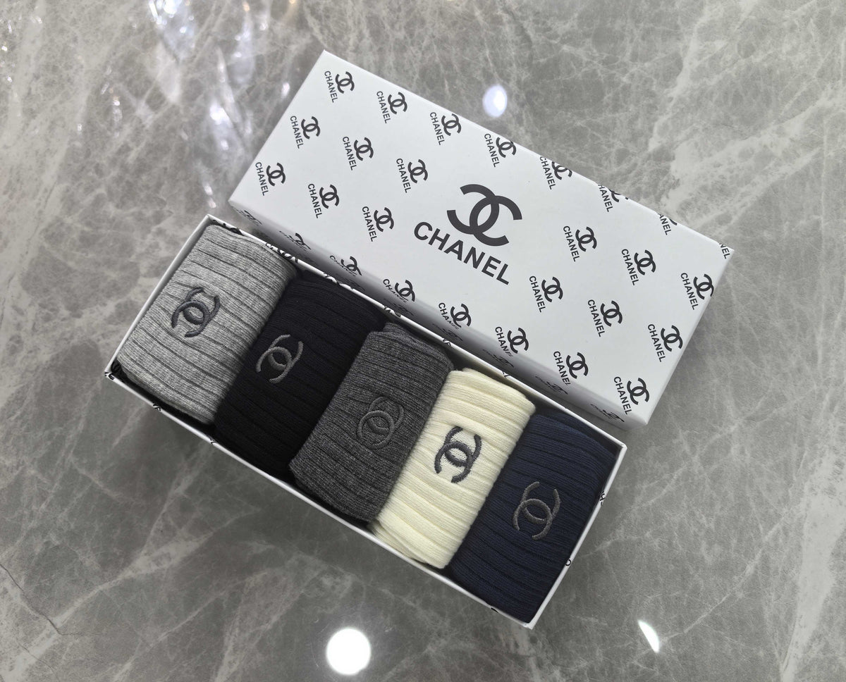 Chanel Cotton Mixed Neutral Logo Detail Crew Socks - 5-Pair Set