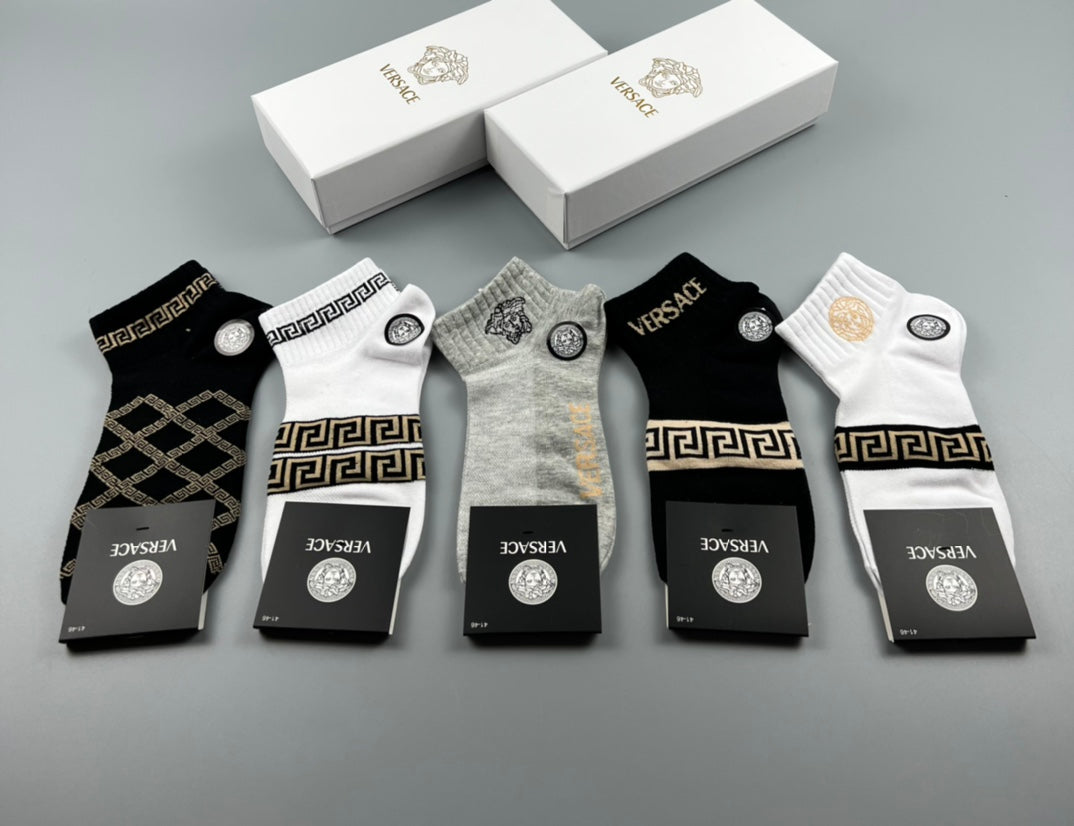 Versace Cotton blend Geometric Lattice And Medallion Motifs Ankle Socks - 5-Pair Set