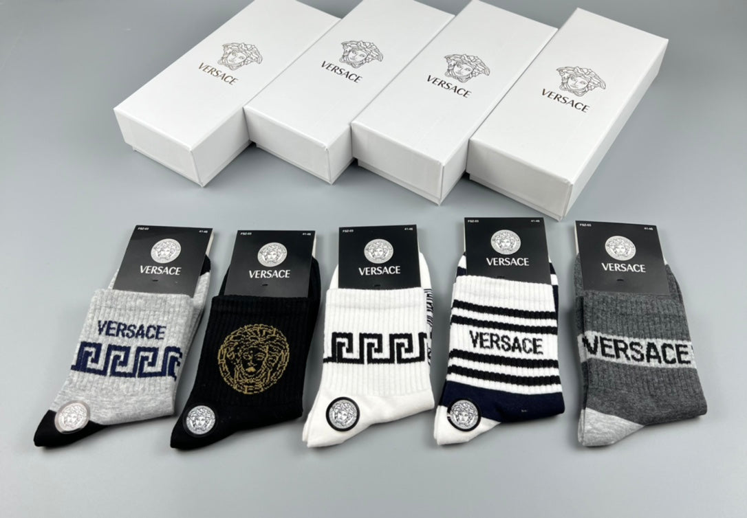 Versace Cotton blend Bold Lettering And Greek-Key Details Ankle Socks - 5-Pair Set