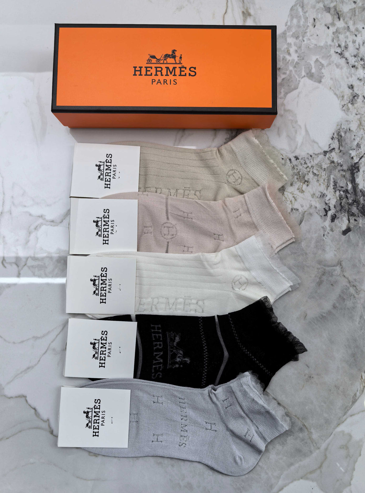 Hermes Mixed Neutral Logo Detail No-Show Socks - 5-Pair Set