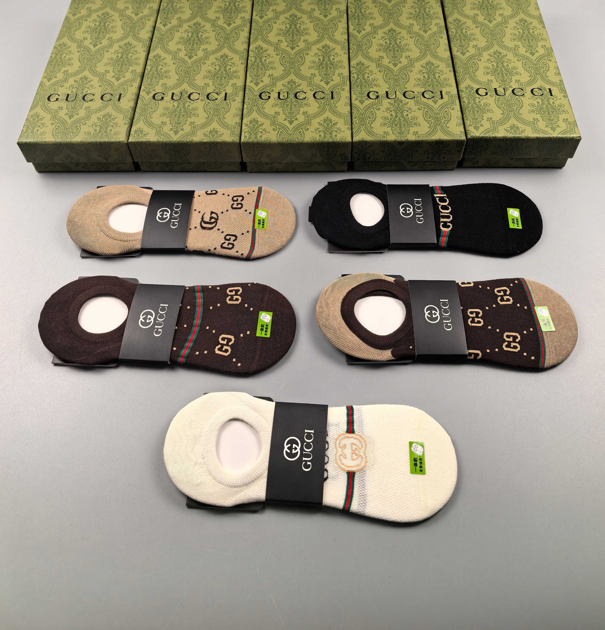 Gucci Cotton Visible Logo, Stripe Or Motif Details No-Show Socks - 5-Pair Set