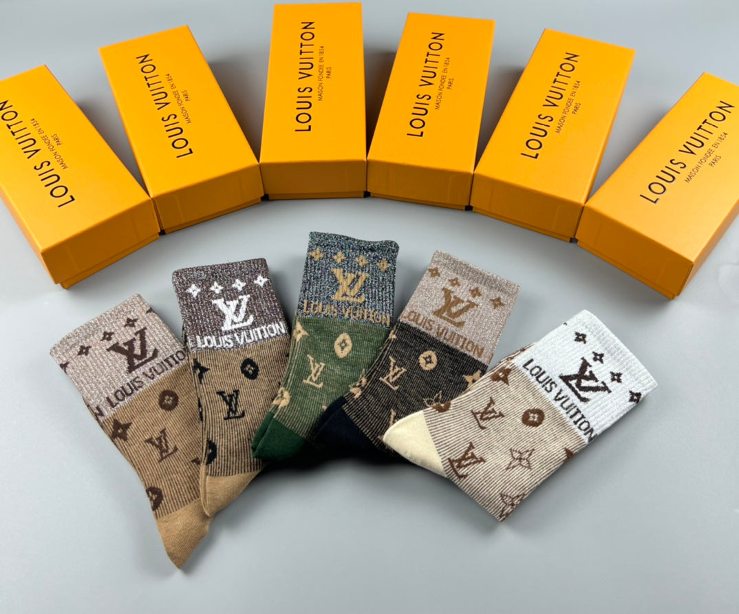 Louis Vuitton Cotton Varied Monogram-Style Motifs Crew Socks - 5-Pair Set