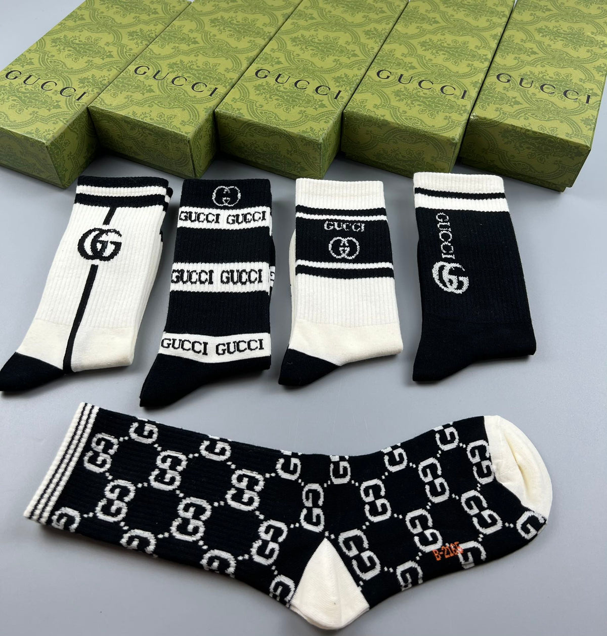 Gucci Cotton Mixed Monogram-Style Patterns And Wordmarks Crew Socks - 5-Pair Set