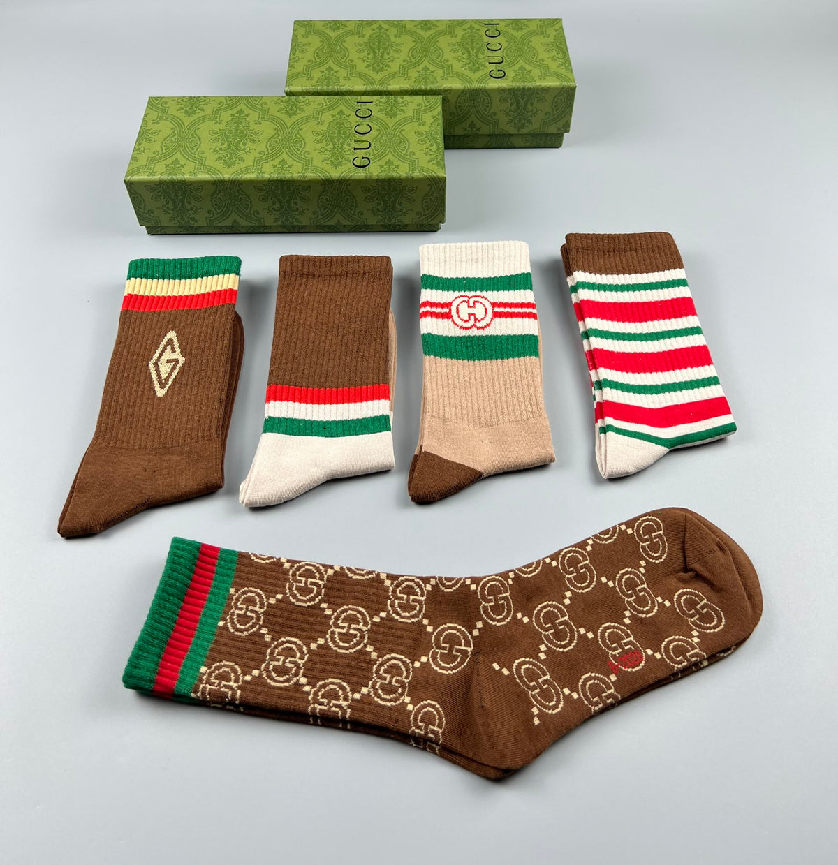 Gucci Cotton Mixed Emblem And Monogram-Style Details Crew Socks - 5-Pair Set