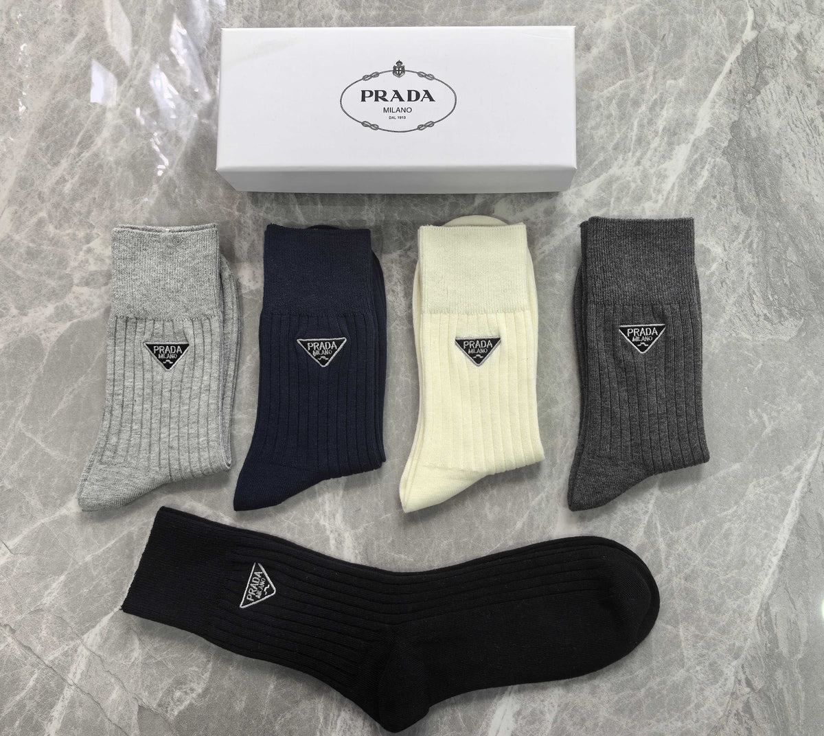 Prada Cotton Mixed Neutral Logo Detail Crew Socks - 5-Pair Set