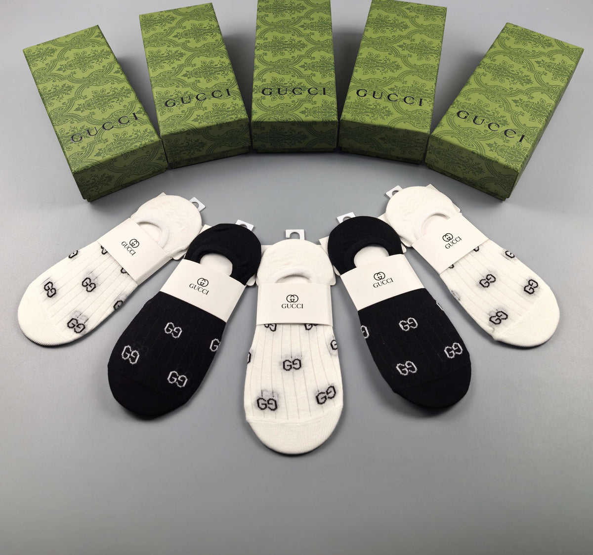 Gucci Cotton Visible Logo, Stripe Or Motif Details No-Show Socks - 5-Pair Set