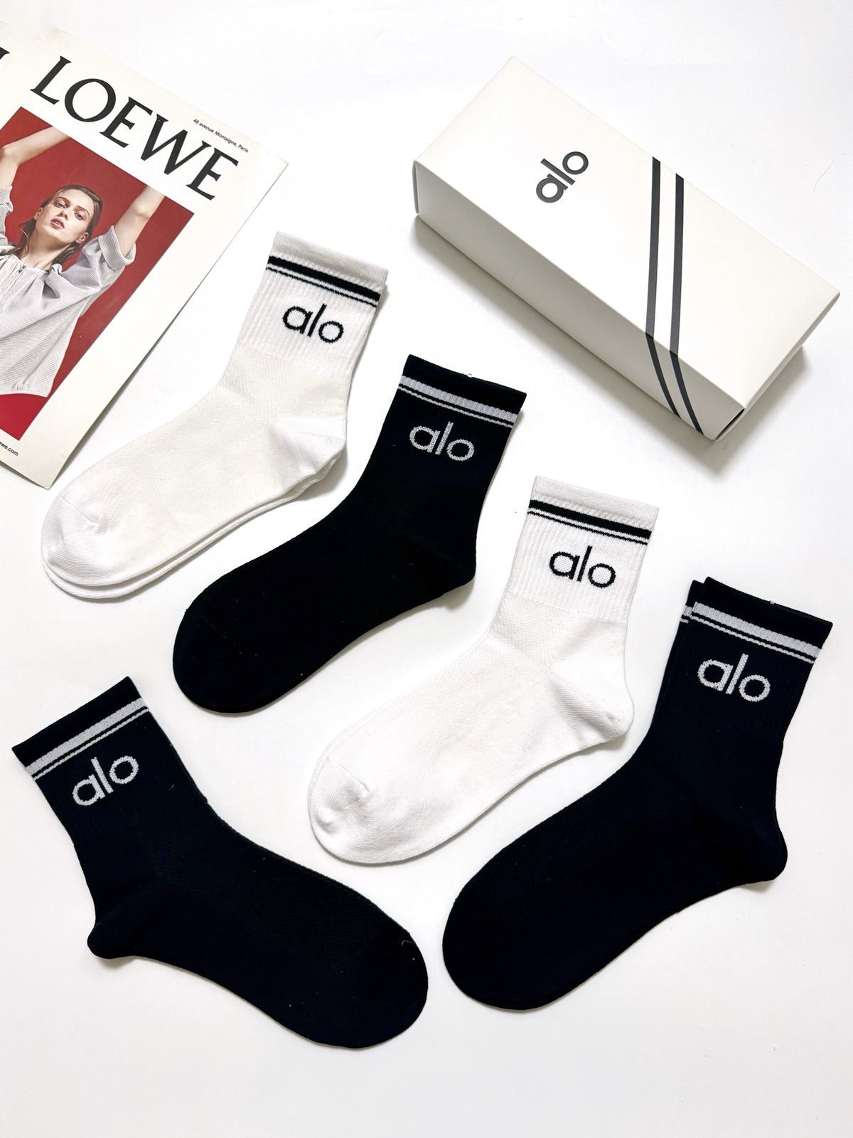 Alo Cotton Classic Letter Branding Crew Socks - 5-Pair Set