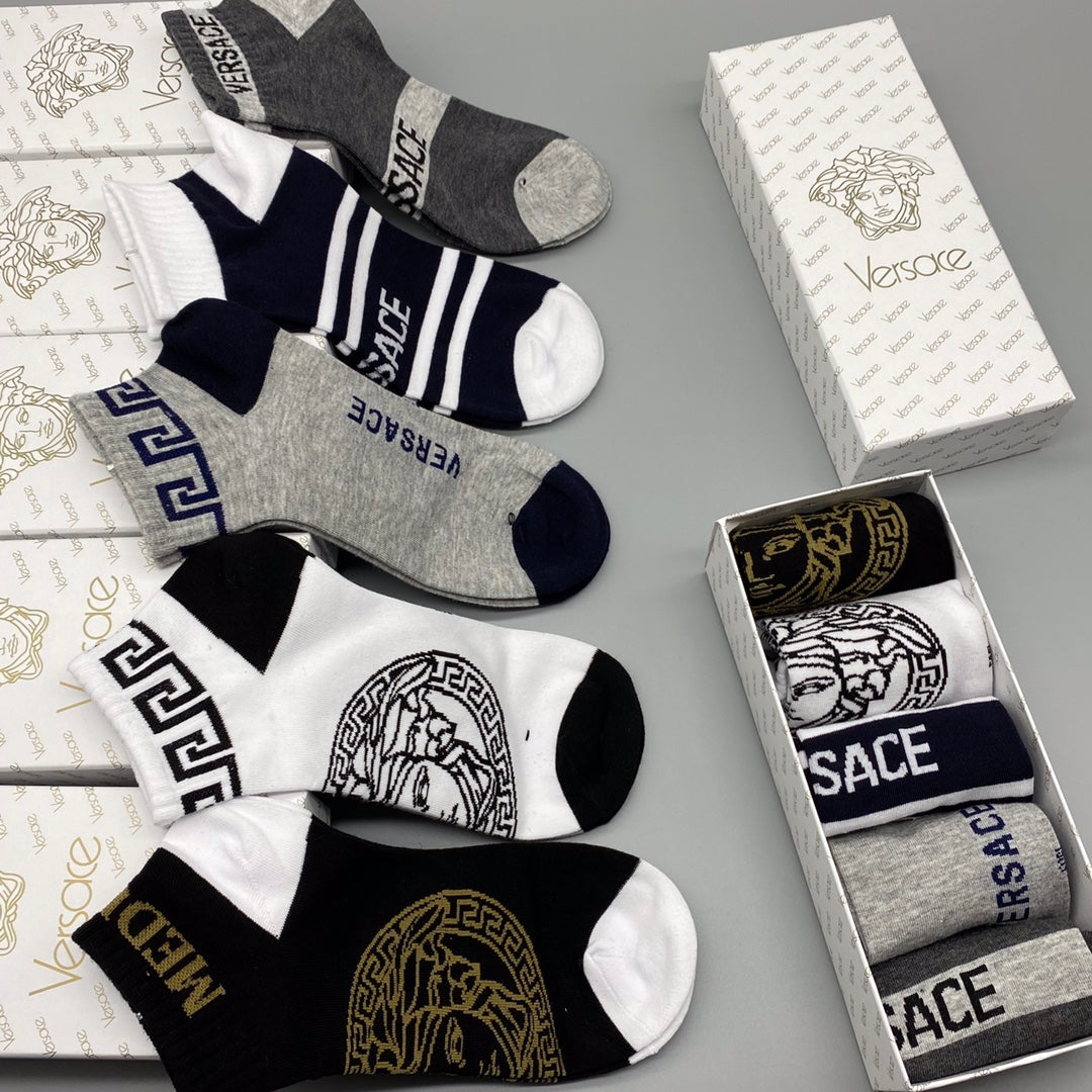Versace Bold Medallion And Letter Graphics Ankle Socks - 5-Pair Set