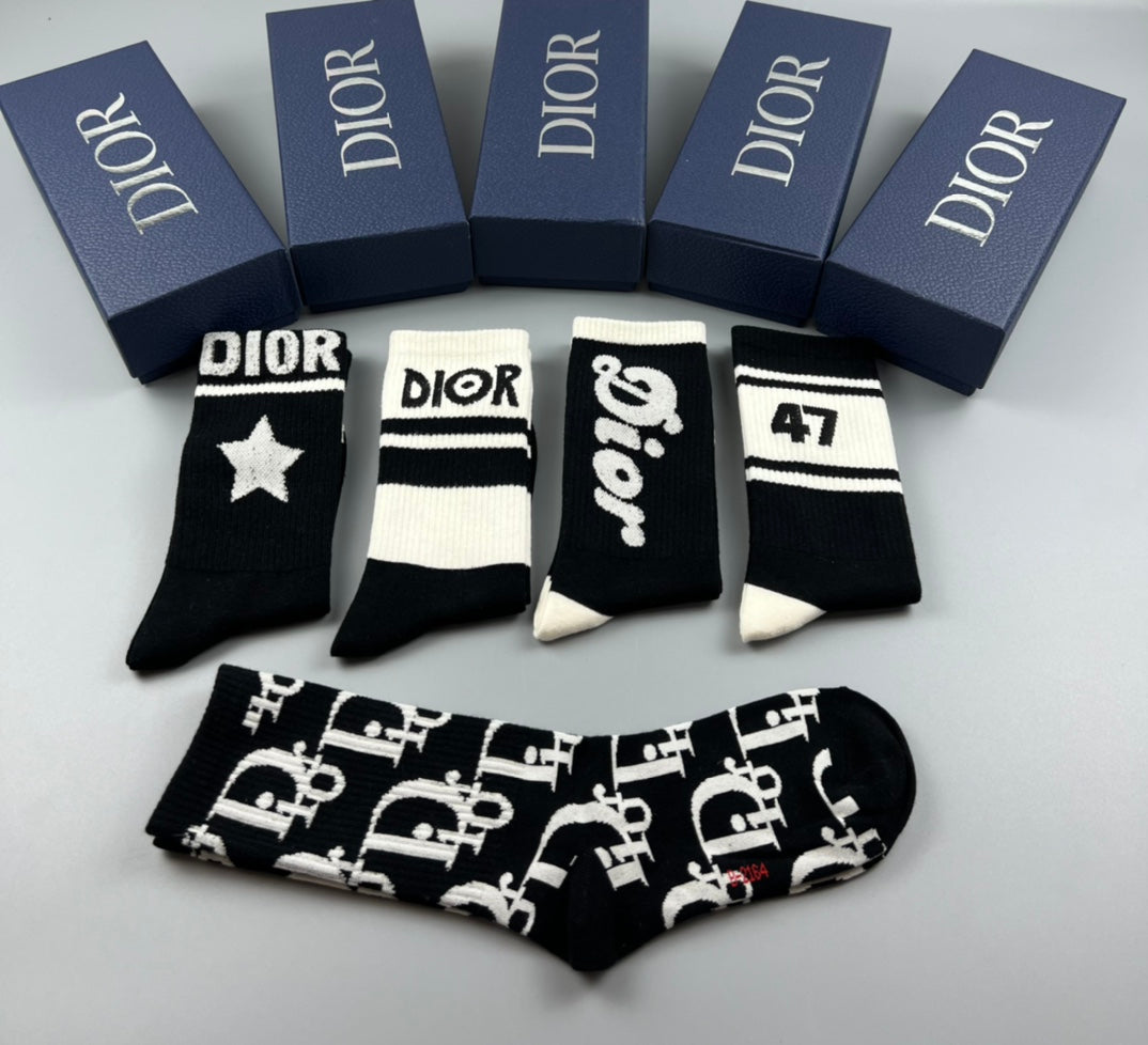 Dior Cotton Bold Text, Star And Number Graphics Crew Socks - 5-Pair Set