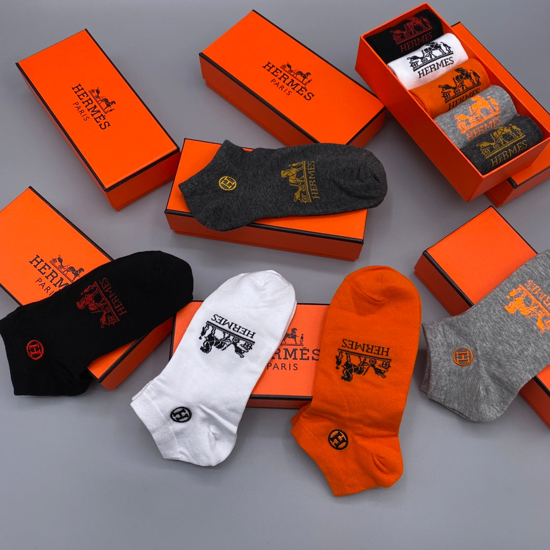Hermes Logo No-Show Ankle Socks - 5-Pair Box