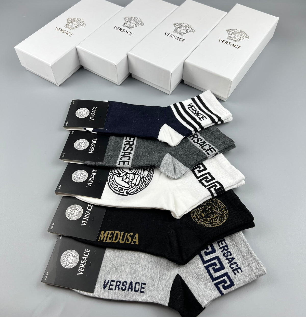 Versace Mixed Greek-Key And Medallion Graphics Crew Socks - 5-Pair Set