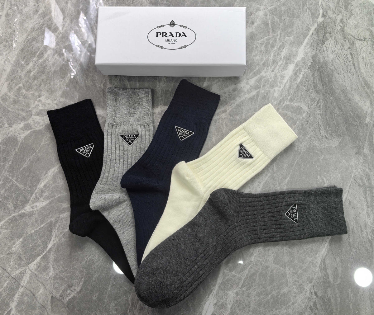 Prada Cotton Mixed Neutral Logo Detail Crew Socks - 5-Pair Set
