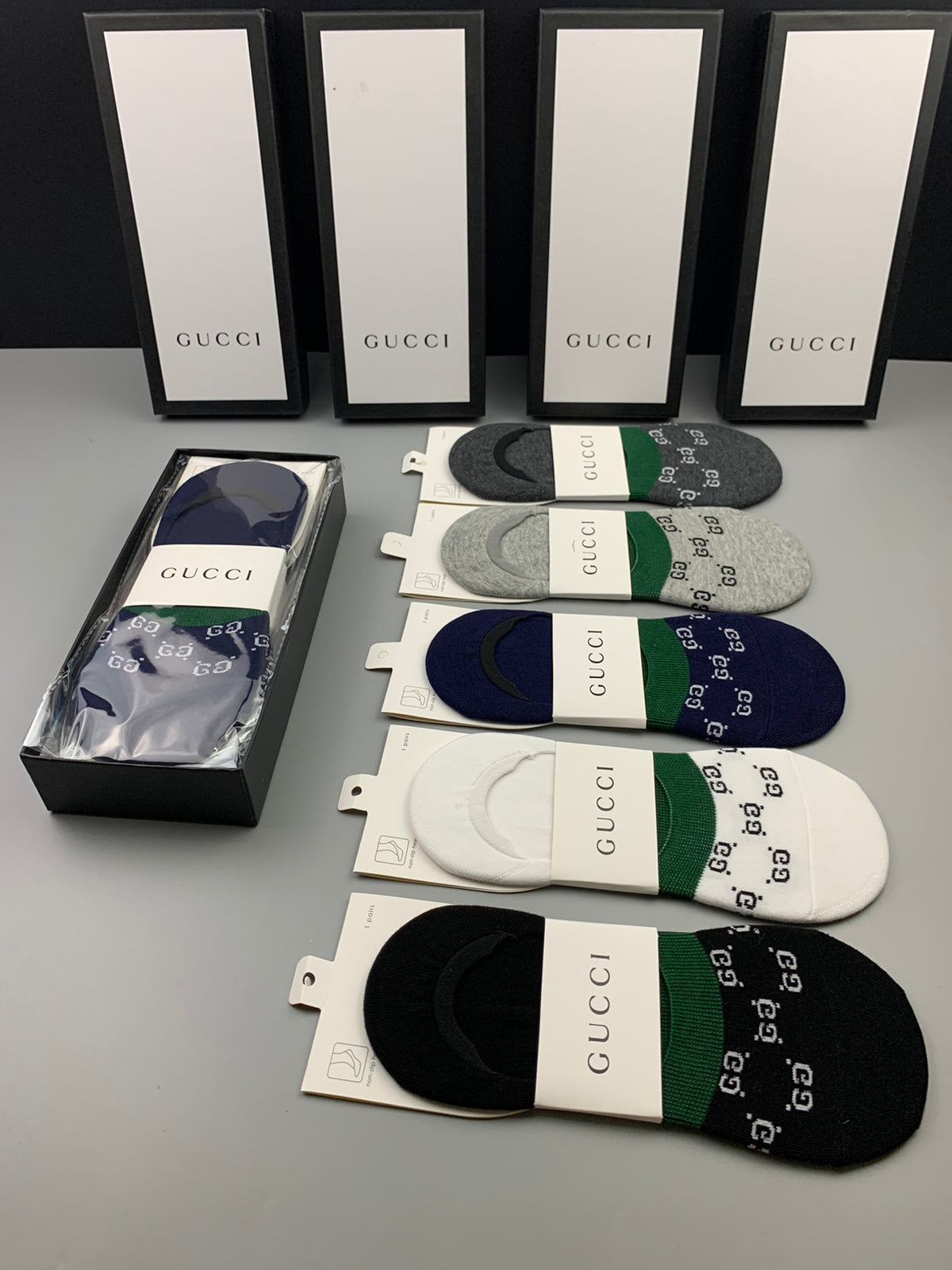 Gucci Green-And-Red Stripe Details No-Show Socks - 5-Pair Set