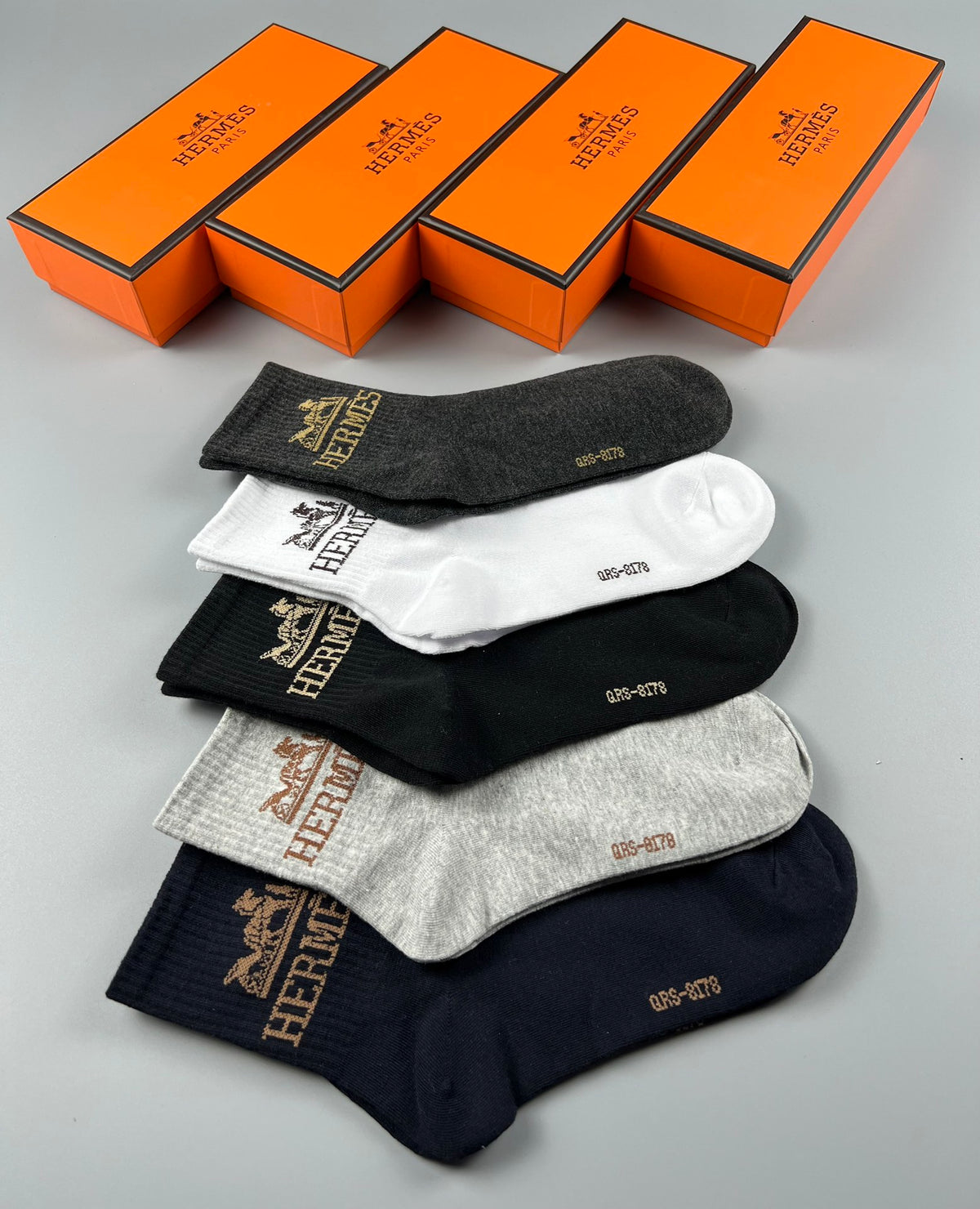 Hermes Crest Logo Crew Socks - 5-Pair Box