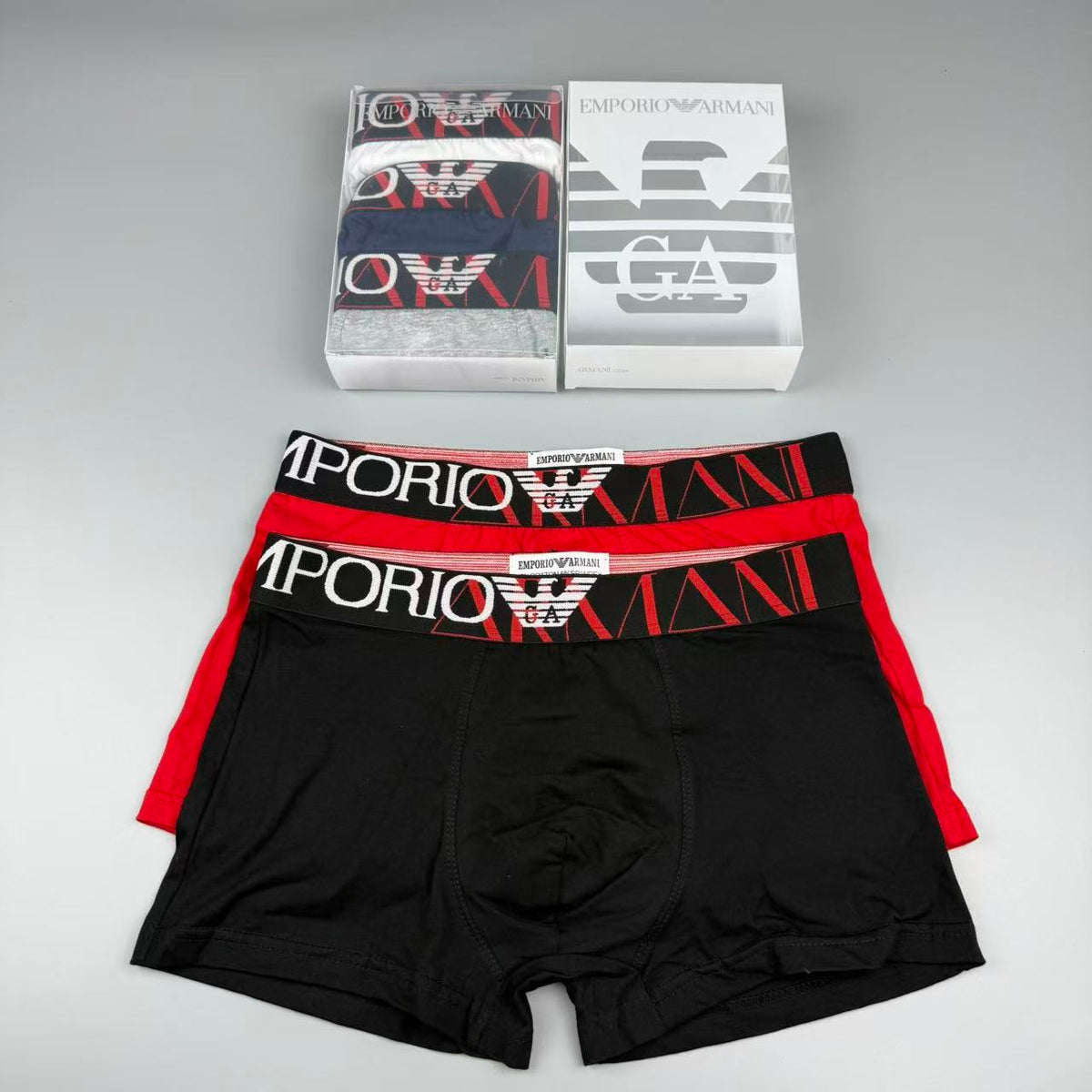 Armani Red, Navy, Black & Grey Cotton Men's Boxer Briefs - 3-Piece Box