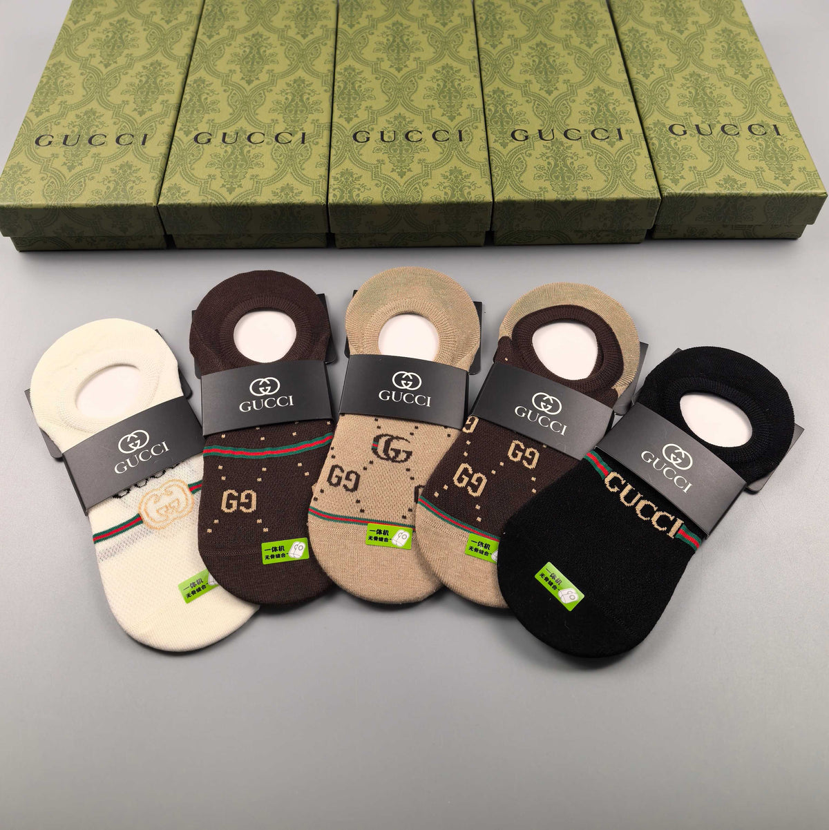 Gucci Cotton Visible Logo, Stripe Or Motif Details No-Show Socks - 5-Pair Set