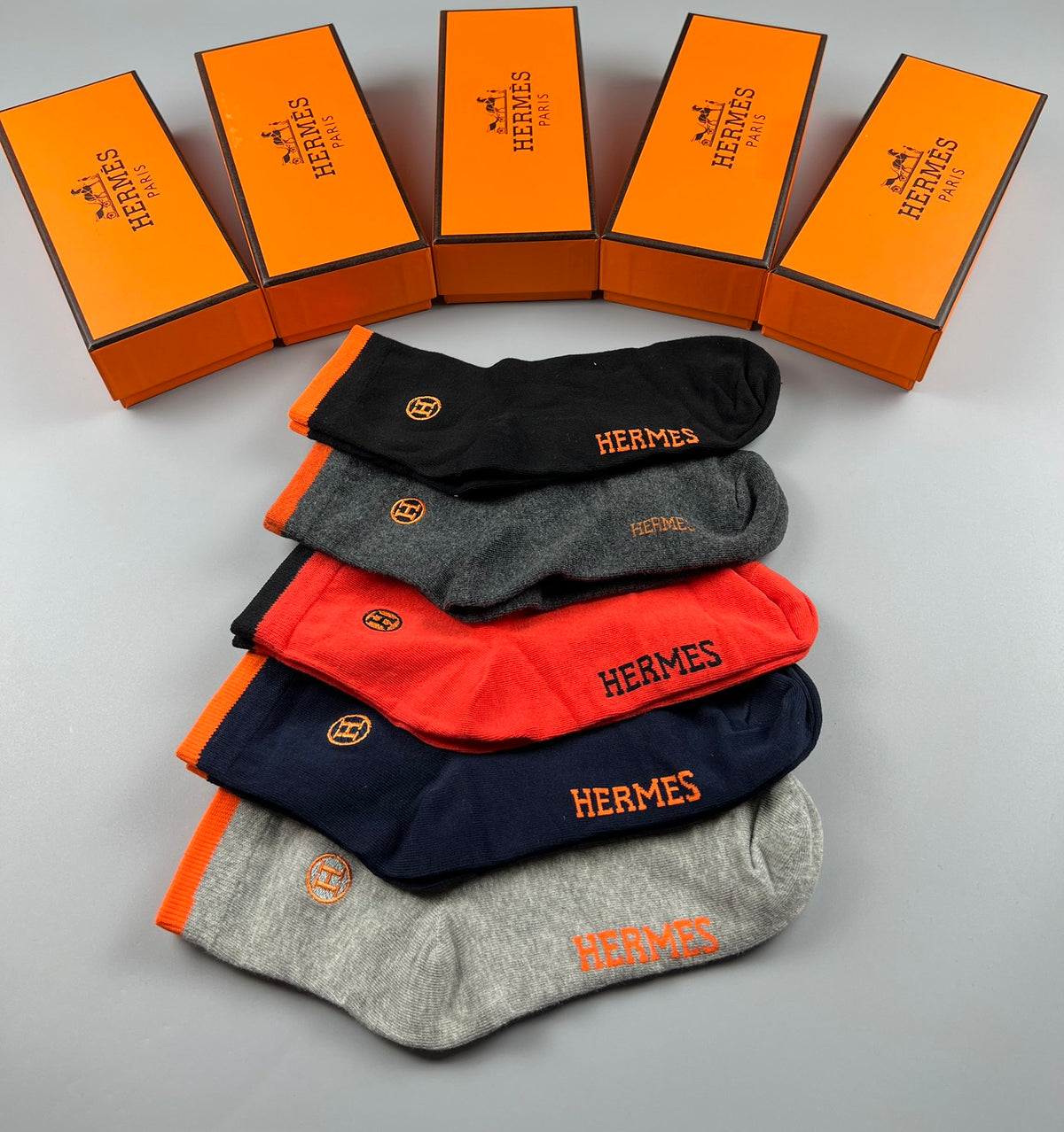 Hermes Cotton Horse And Wordmark Details Crew Socks - 5-Pair Set