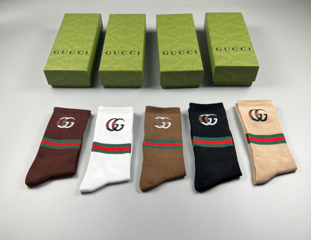 Gucci Cotton Blue, Green & White Tonal Waistbands Crew Socks - 5-Pair Set