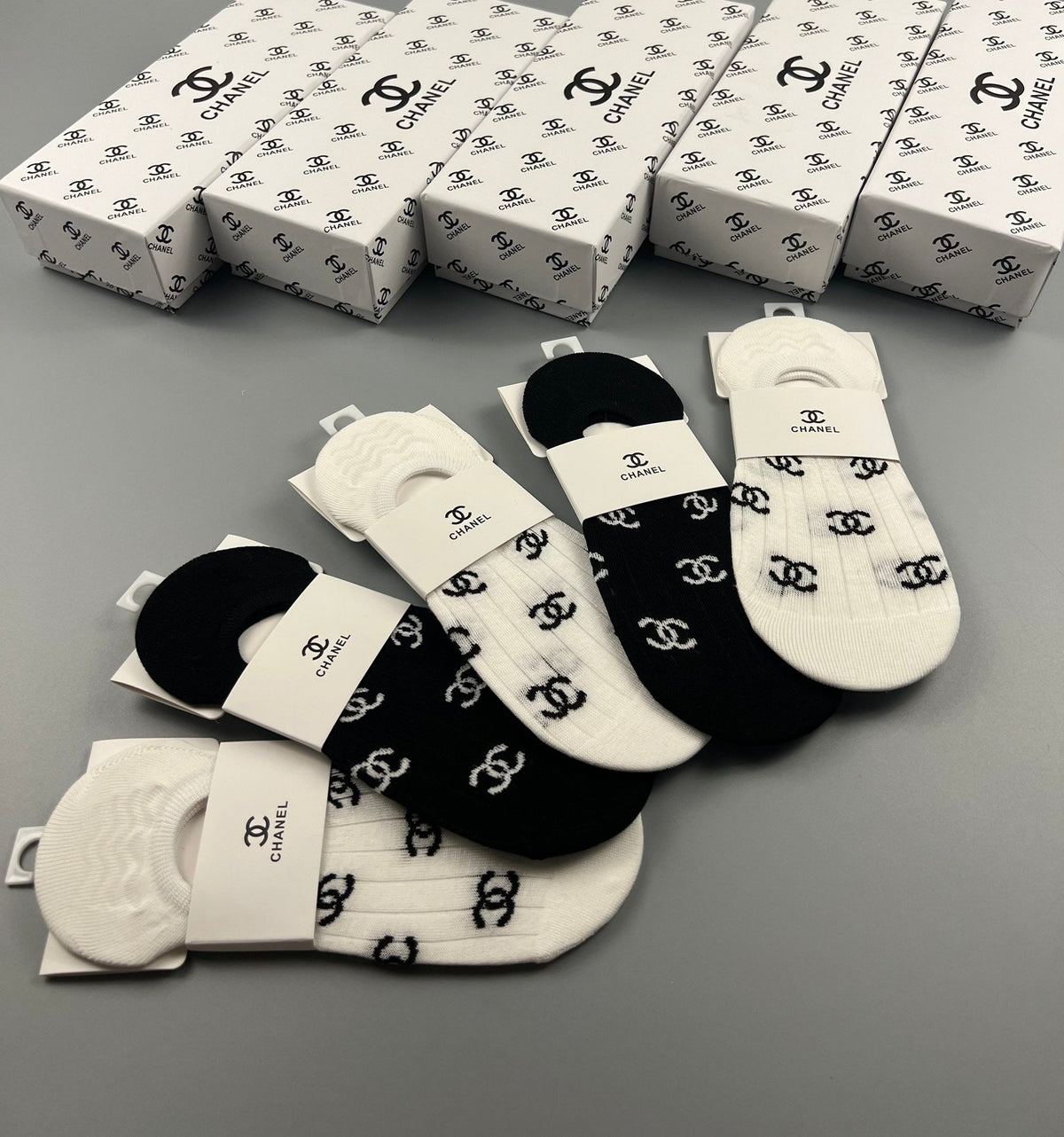 Chanel Cotton Visible Logo, Stripe Or Motif Details No-Show Socks - 5-Pair Set