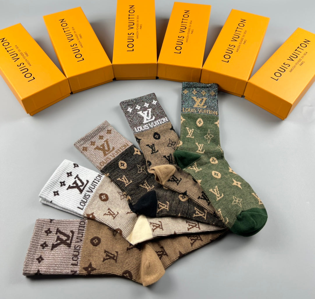 Louis Vuitton Cotton Varied Monogram-Style Motifs Crew Socks - 5-Pair Set